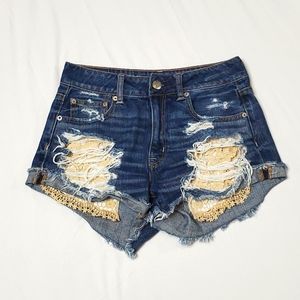 Denim Shorts Ripped Pockets with Lace, Size 4